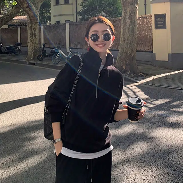 徐百货 重磅半拉链立领纯色套头美式潮牌设计感上衣卫衣 男女同款