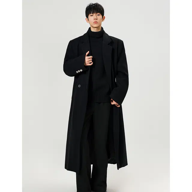 徐百货 秋冬季加厚韩系英伦风中长款毛呢外套潮牌西装领过膝上衣休闲大衣 男女同款