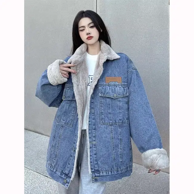 徐百货 美式复古仿兔毛牛仔外套冬季加绒加厚宽松百搭保暖工装棉衣棉服 男女同款