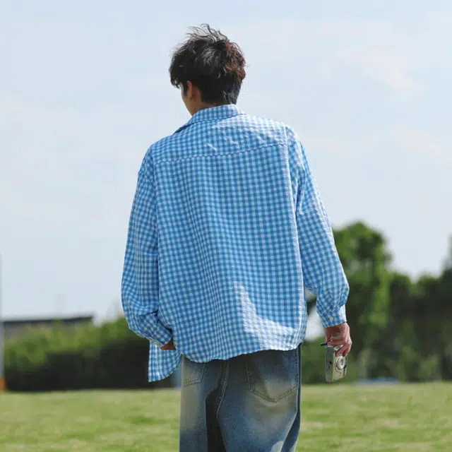 徐百货 美式复古格子长袖高级感痞帅潮牌腊肠狗情侣防晒衬衣宽松舒适潮流百搭衬衫 男女同款