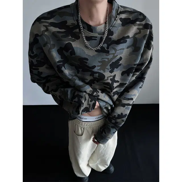 徐百货 美式复古高街潮牌迷彩圆领上衣宽松休闲百搭长袖打底衫潮流卫衣 男女同款