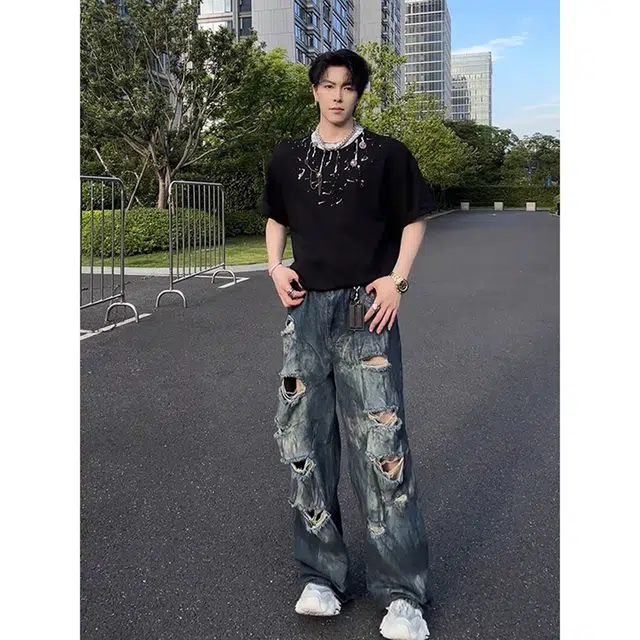 徐百货 美式破洞直筒裤薄款废土风潮牌痞帅乞丐牛仔裤 男女同款