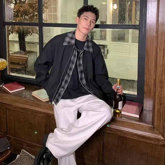 徐百货  美式潮牌经典假两件拼接格纹衬领设计感夹克春秋季宽松百搭防风工装飞行员机车教练外套上衣棒球服 男女同款