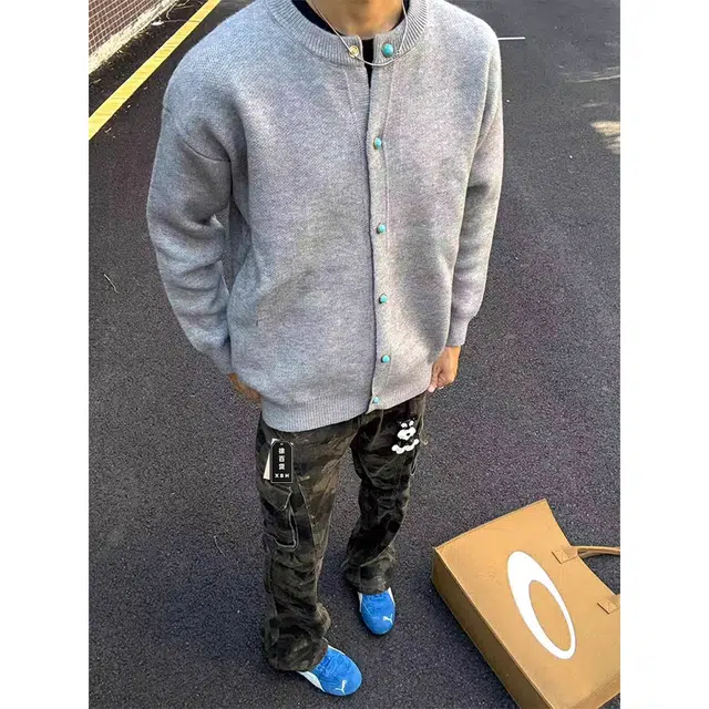 徐百货 老钱风纽扣圆领宽松上衣男春秋季休闲简约慵懒风百搭开衫外套毛衣 男女同款