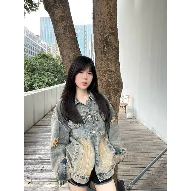徐百货 美式破洞春秋潮牌痞帅高级感夹克美式复古潮流炸街长袖牛仔外套 男女同款