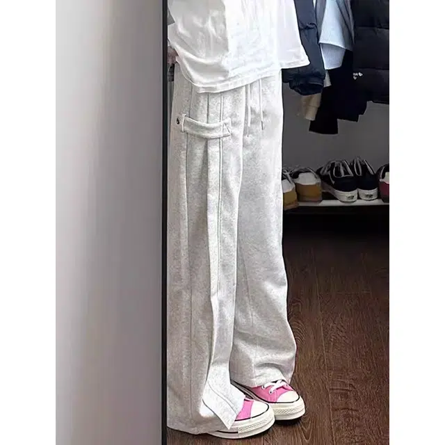 徐百货 美式高街搭扣设计感裤子慵懒风垂感休闲裤宽松舒适潮流百搭针织运动裤 男女同款
