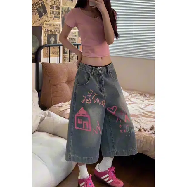 徐百货 大码复古高级感涂鸦设计七分裤夏季高街小众宽松裤潮流百搭牛仔短裤 男女同款