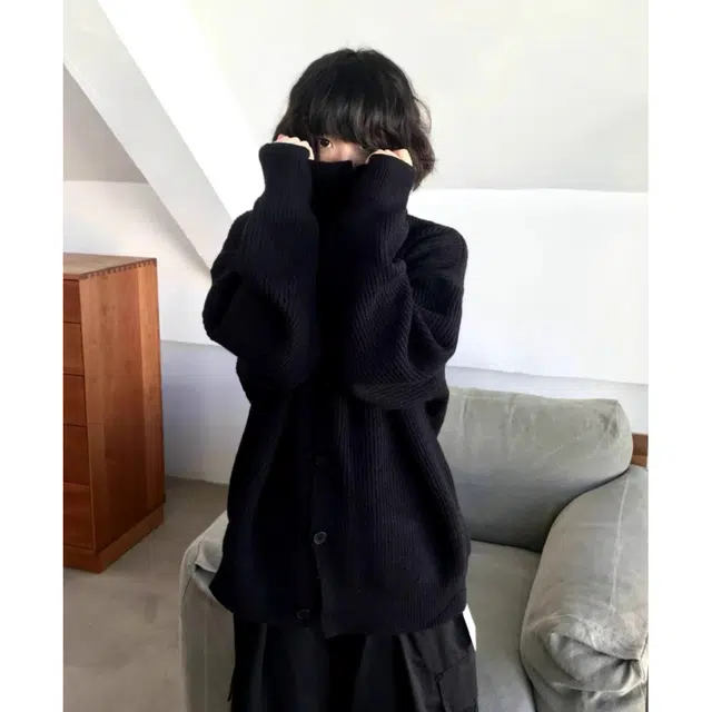 徐百货 美式高街潮牌百搭纯色慵懒风高领开衫上衣秋冬款潮流宽松复古排扣外套针织衫 男女同款