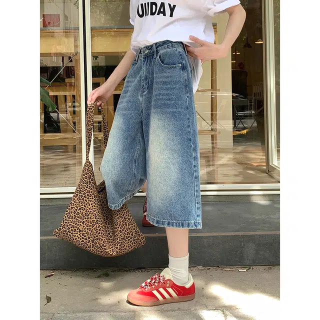 徐百货 美式夏季薄款宽松七分裤直筒百搭中裤潮流牛仔短裤 男女同款