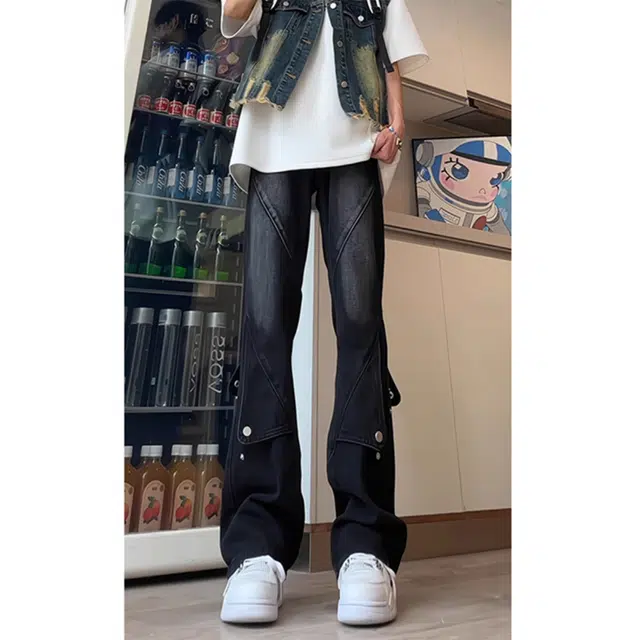 徐百货 美式复古排扣阔腿裤夏季宽松潮流高级感裤子直筒修身微喇叭裤牛仔裤 男女同款