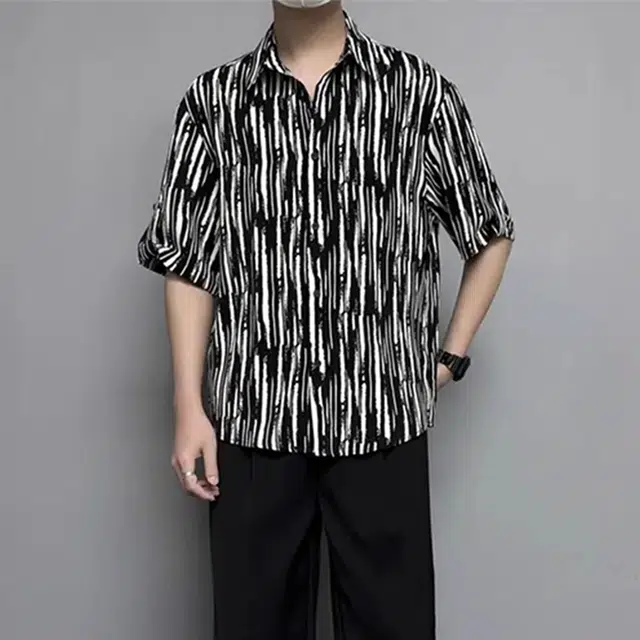 徐百货 条纹短袖夏季美式潮牌宽松高级感休闲外套上衣短袖衬衫 男女同款