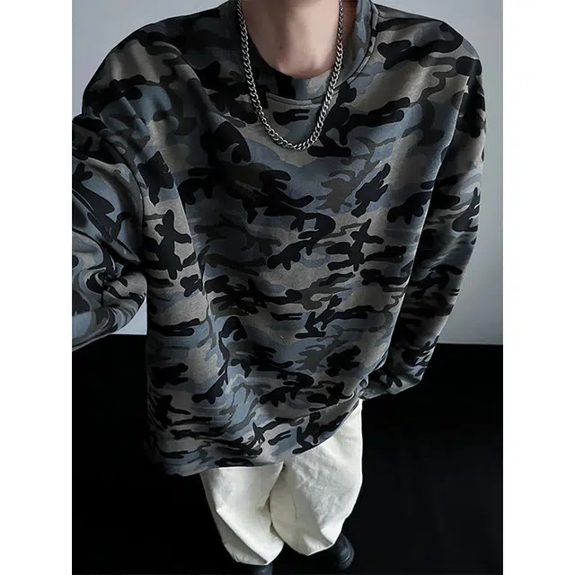 徐百货 美式复古高街潮牌迷彩圆领上衣宽松休闲百搭长袖打底衫潮流卫衣 男女同款