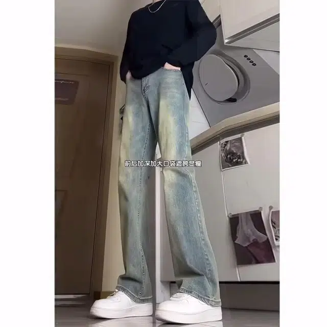 徐百货 复古弯刀直筒裤美式高街马蹄裤子修身高腰直筒微喇裤潮流百搭牛仔裤 男女同款