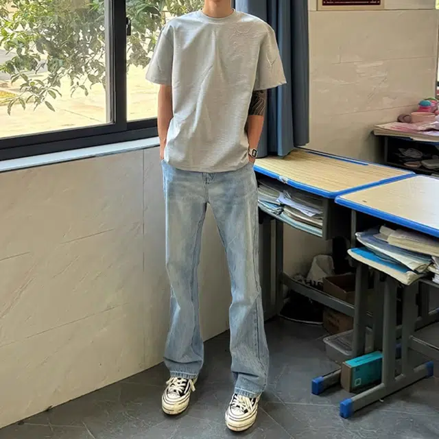 徐百货 美式高街闪电纹水洗潮流修身微喇夏季长裤牛仔裤 男女同款 浅蓝色