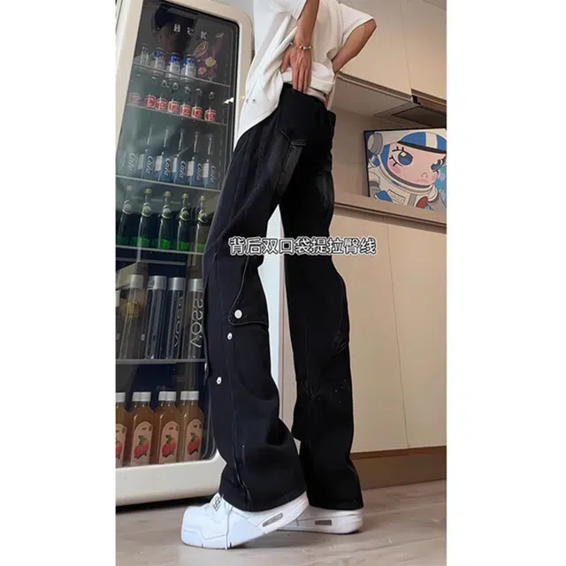 徐百货 美式复古排扣阔腿裤夏季宽松潮流高级感裤子直筒修身微喇叭裤牛仔裤 男女同款