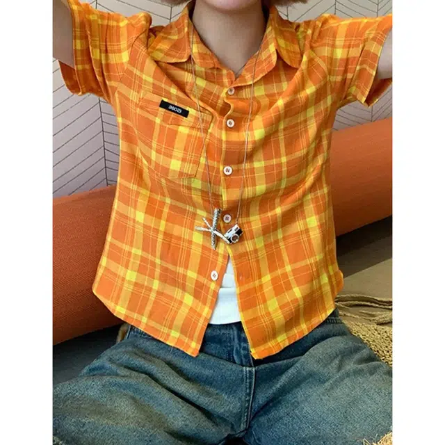 徐百货 美式格纹衬衣美式学院风衬衣百搭修身短袖衬衫 男女同款