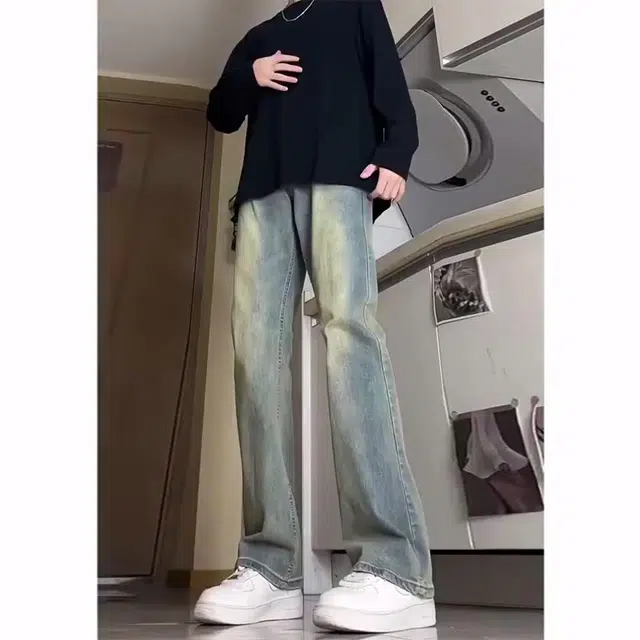 徐百货 复古弯刀直筒裤美式高街马蹄裤子修身高腰直筒微喇裤潮流百搭牛仔裤 男女同款