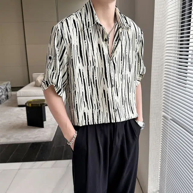 徐百货 条纹短袖夏季美式潮牌宽松高级感休闲外套上衣短袖衬衫 男女同款