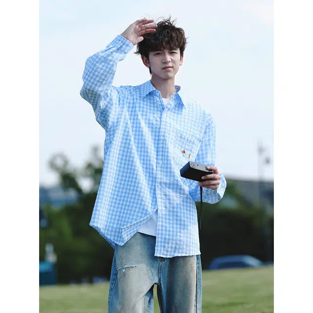 徐百货 美式复古格子长袖高级感痞帅潮牌腊肠狗情侣防晒衬衣宽松舒适潮流百搭衬衫 男女同款