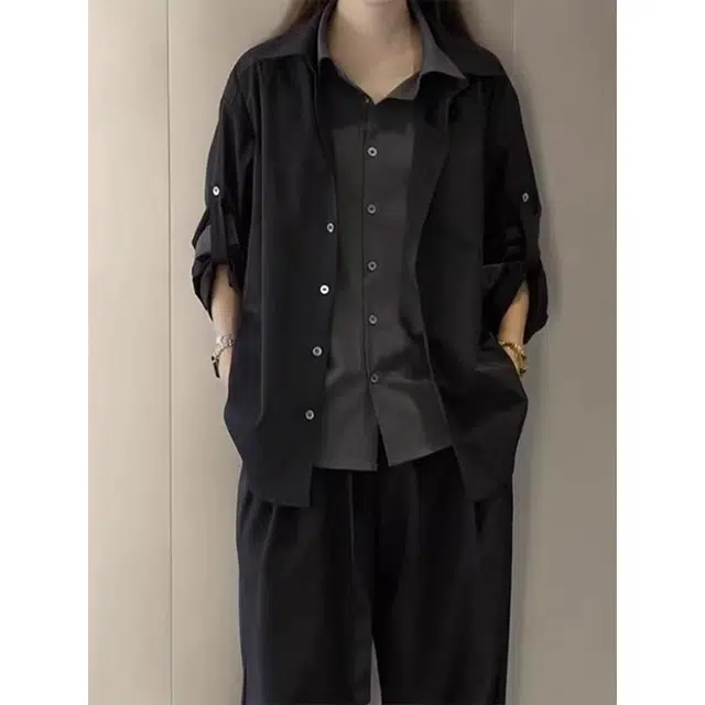 徐百货 美式假两件拼接设计感衬衣黑色高级感痞帅上衣宽松舒适潮流百搭西装 男女同款