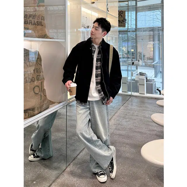 徐百货  美式潮牌经典假两件拼接格纹衬领设计感夹克春秋季宽松百搭防风工装飞行员机车教练外套上衣棒球服 男女同款