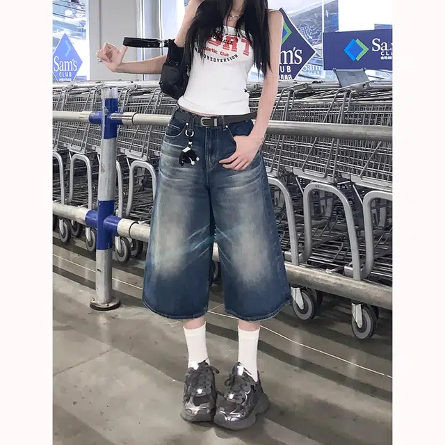 徐百货 复古阔腿裤夏季宽松百搭水洗做旧直筒五分裤子舒适潮流牛仔短裤 男女同款