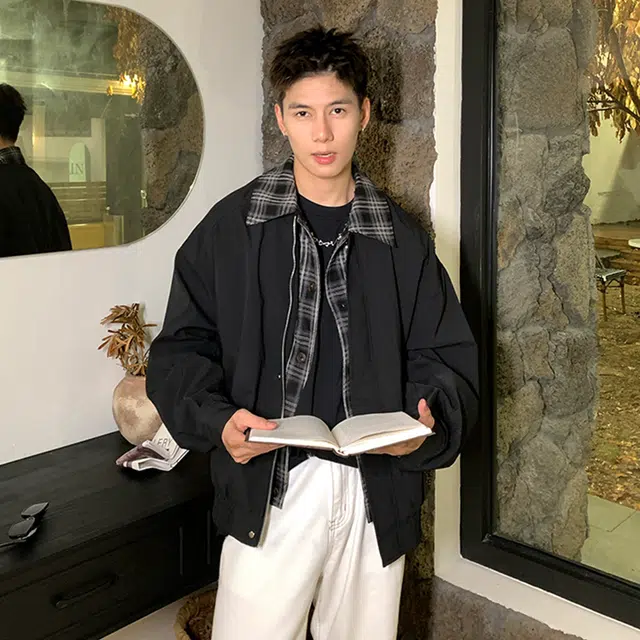 徐百货  美式潮牌经典假两件拼接格纹衬领设计感夹克春秋季宽松百搭防风工装飞行员机车教练外套上衣棒球服 男女同款