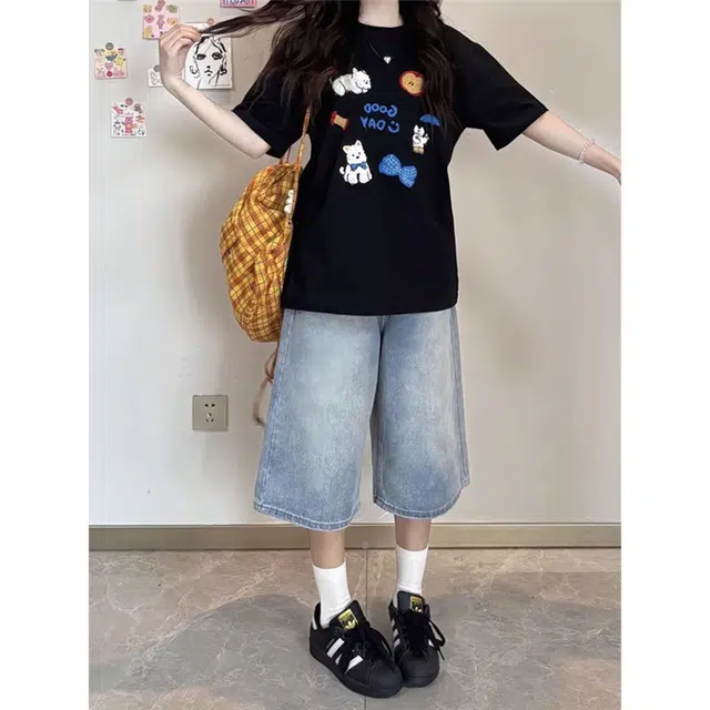 徐百货 美式阔腿七分裤夏季高腰宽松显瘦百搭大码直筒中裤潮流牛仔短裤 男女同款