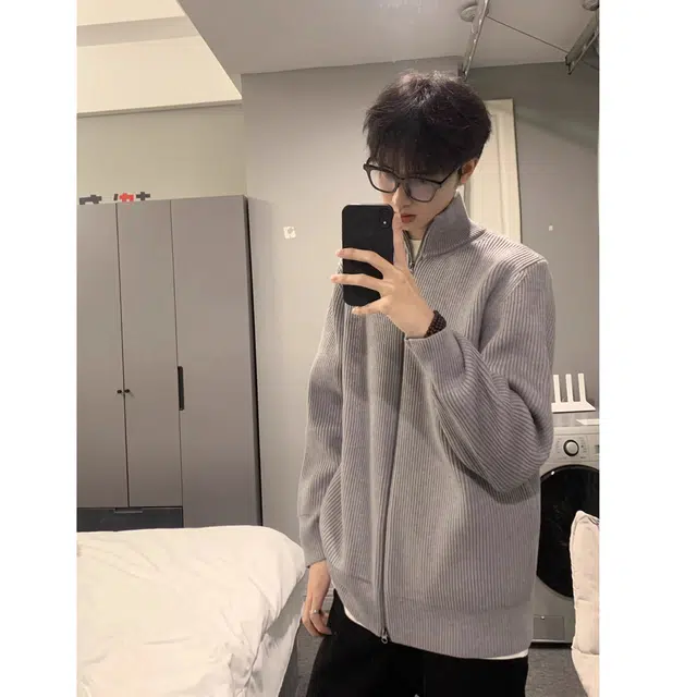 徐百货 美式复古立领拉链开衫慵懒风线衣高级感潮流百搭宽松舒适长袖毛衣 男女同款