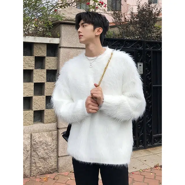 徐百货 小众设计感无性别纯色圆领软糯打底衫慵懒风仿貂毛宽松套头上衣毛衣 男女同款