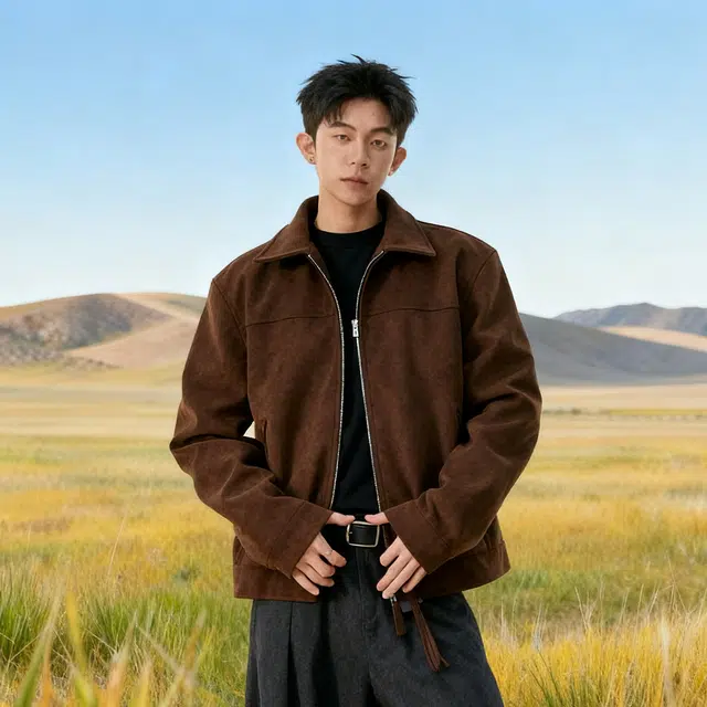 徐百货 美拉德仿麂皮磨砂高级感外套春秋季穿搭潮牌痞帅翻领纯色秋冬美式复古教练夹克 男女同款