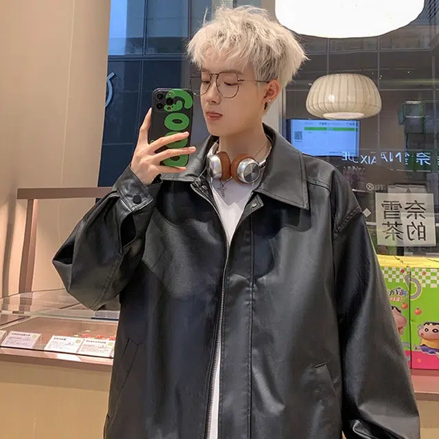 徐百货 美式春秋高街痞帅大码宽松休闲棒球服皮夹克外套舒适潮流百搭皮衣 男女同款