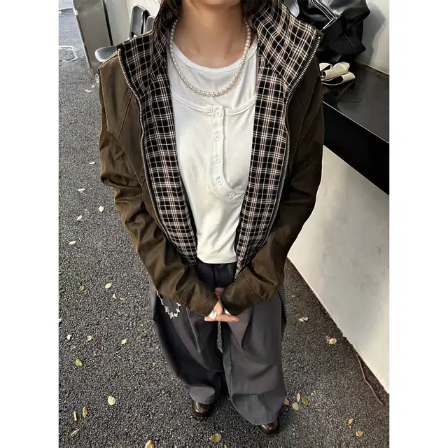 徐百货 美式复古假两件格纹拼接外套男春秋季高级感短款立领百搭工装夹克 男女同款