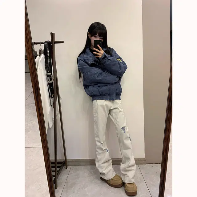 徐百货 美式复古休闲裤显瘦微喇破洞直筒长裤潮流百搭宽松舒适牛仔裤 男女同款