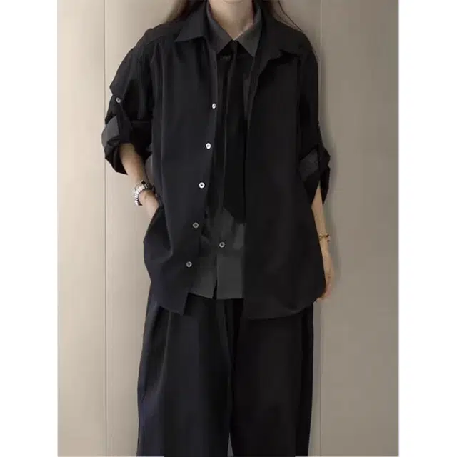 徐百货 美式假两件拼接设计感衬衣黑色高级感痞帅上衣宽松舒适潮流百搭西装 男女同款