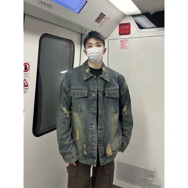 徐百货 高街痞帅春秋美式水洗做旧飞行员夹克复古潮牌牛仔外套 男女同款