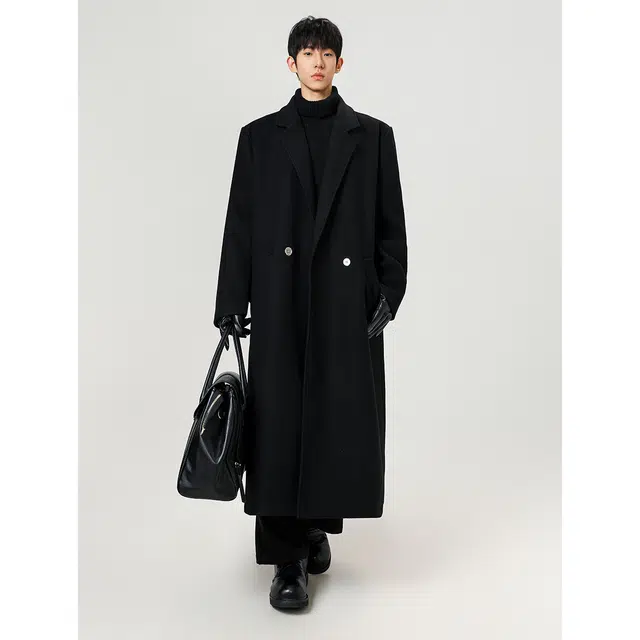 徐百货 秋冬季加厚韩系英伦风中长款毛呢外套潮牌西装领过膝上衣休闲大衣 男女同款