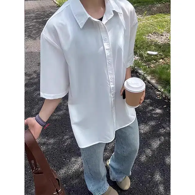 徐百货 宽松舒适百搭休闲纯色翻领薄款短袖衬衫 男女同款