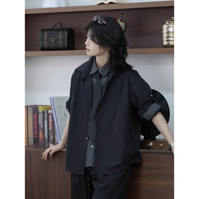 徐百货 美式假两件拼接设计感衬衣黑色高级感痞帅上衣宽松舒适潮流百搭西装 男女同款
