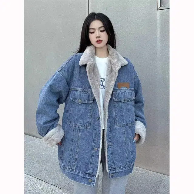 徐百货 美式复古仿兔毛牛仔外套冬季加绒加厚宽松百搭保暖工装棉衣棉服 男女同款