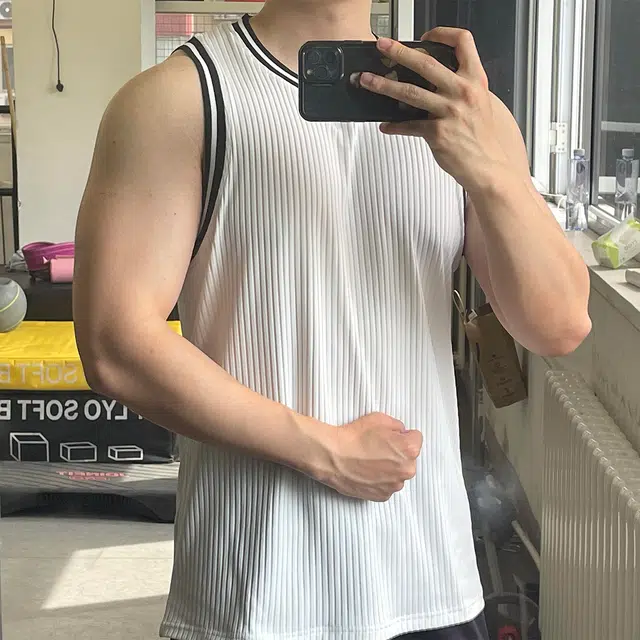 徐百货 运动个性纯色条纹肌理感宽松健身房坎肩汗衫无袖背心 男女同款