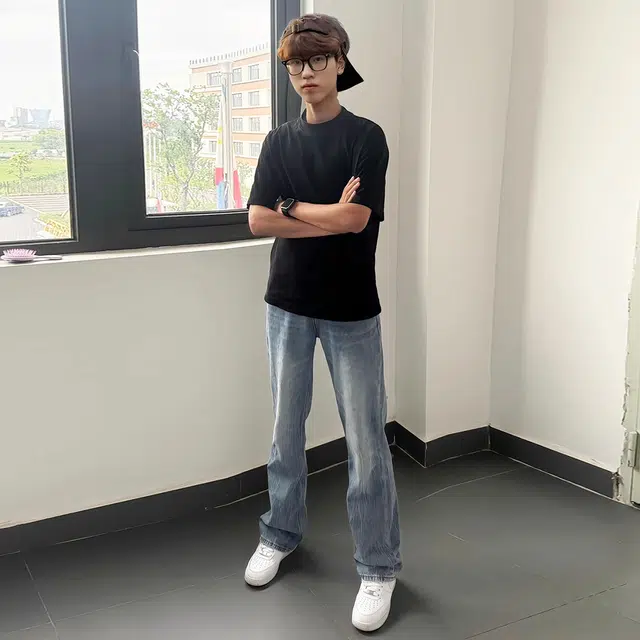徐百货 美式高街闪电纹水洗潮流修身微喇夏季长裤牛仔裤 男女同款 浅蓝色