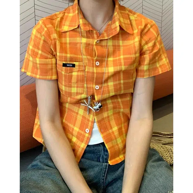 徐百货 美式格纹衬衣美式学院风衬衣百搭修身短袖衬衫 男女同款