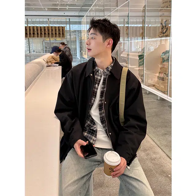 徐百货  美式潮牌经典假两件拼接格纹衬领设计感夹克春秋季宽松百搭防风工装飞行员机车教练外套上衣棒球服 男女同款