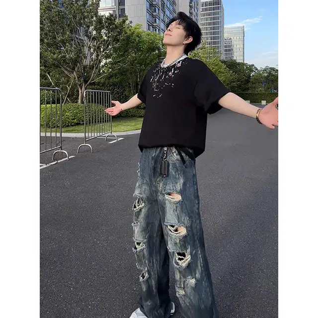 徐百货 美式破洞直筒裤薄款废土风潮牌痞帅乞丐牛仔裤 男女同款