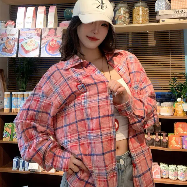 徐百货 美式扎染苹果刺绣格子衬衣潮牌情侣长袖上衣通勤休闲外套宽松舒适衬衫 男女同款