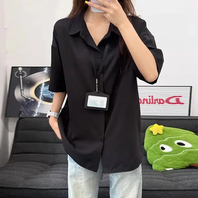 徐百货 美式复古纯色冰丝短袖夏季潮流薄款宽松通勤休闲衬衣外套高级感叠穿速干防晒衬衫 男女同款