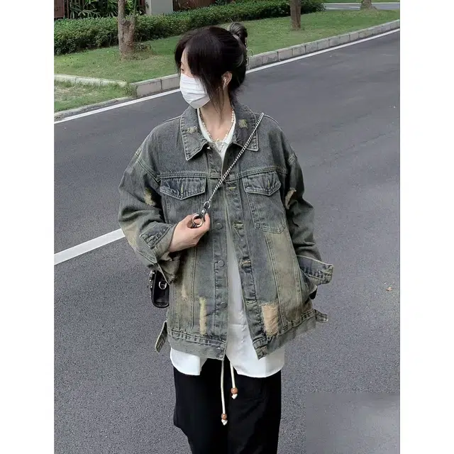 徐百货 美式水洗磨破春秋季复古做旧上衣高街痞帅夹克长袖牛仔外套 男女同款