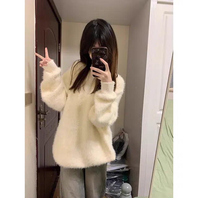 徐百货 美式复古海马毛软糯圆领上衣慵懒风松弛感针织打底衫宽松舒适潮流百搭毛衣 男女同款