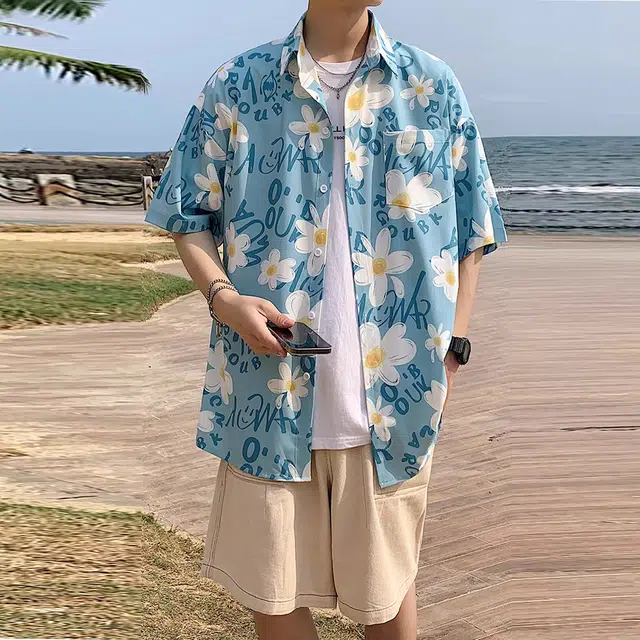 徐百货 薄款透气夏威夷沙滩衬衣痞帅大码宽松外套潮流百搭短袖衬衫 男女同款